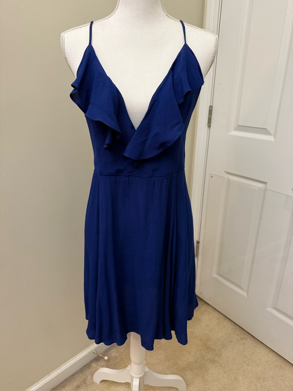 Privacy Please Blue Ruffled V-Neck Spaghetti Strap Dress